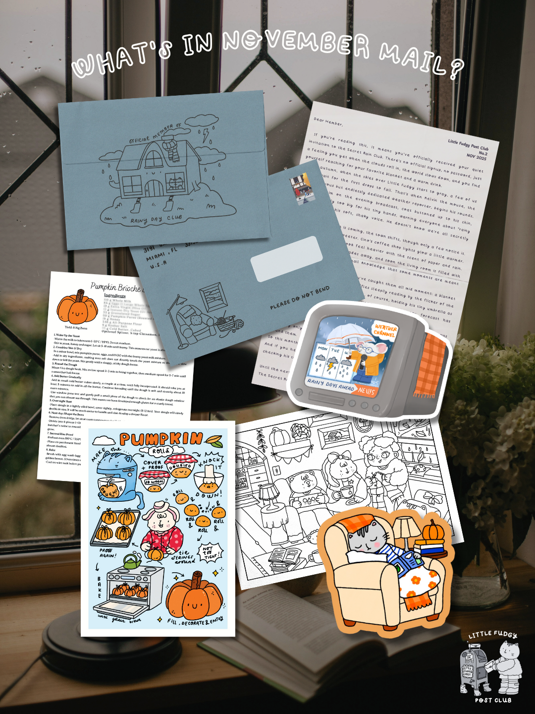 Mail Club Letter layout showing a dust blue envelope, stickers, letter, coloring page of cute characters on a rainy day photo background