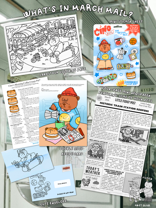 Collection of paper goods and activity sheets including coloring pages, stickers, and a newspaper featuring cartoon a bear.