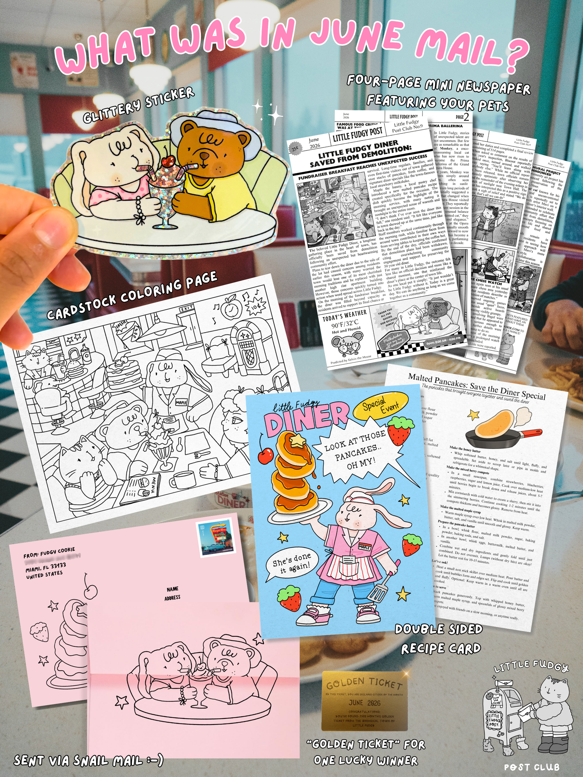 A layout of diner themed stationery such as sticker, coloring page, illustrated recipe card and illustrated newspaper featuring cartoon characters: a bear,  a cat and a bunny. 