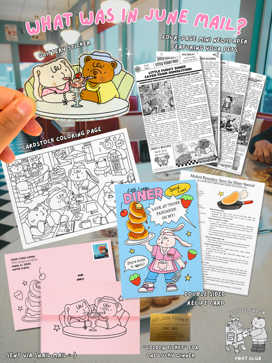 A layout of diner themed stationery such as sticker, coloring page, illustrated recipe card and illustrated newspaper featuring cartoon characters: a bear,  a cat and a bunny. 