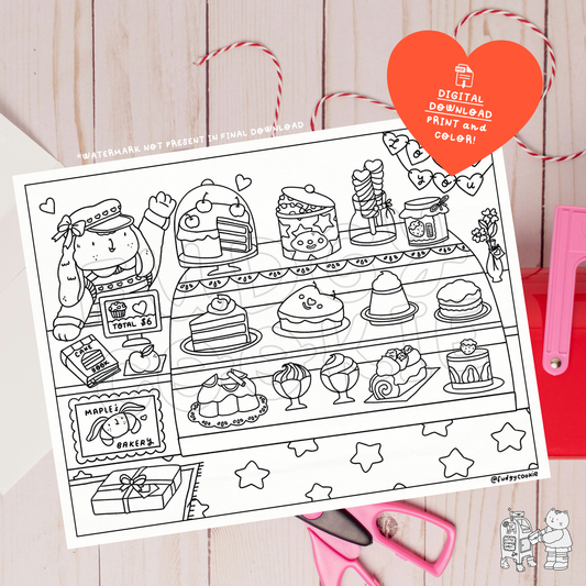 A coloring page featuring a bunny Pastry Chef that shows 
Valentine's dessert creations neatly showcased in a pastry case.