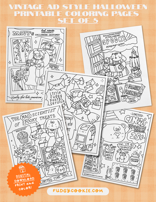 Vintage Ad Style Halloween Coloring Pages Set Of 5 (PRINTABLE PDF)